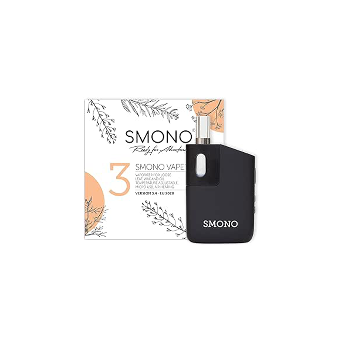 Kompakter kleiner Vaporizer von der Marke Smono. Schwarzes Gehäuse mit trnapsarentem Aufsatz. Hinter dem Vaporizer befindet sich die quadratische Verpackung in der Farbe weiß mit orangenen Akzenten und Blumen Grafiken.