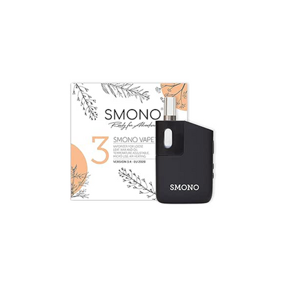 Kompakter kleiner Vaporizer von der Marke Smono. Schwarzes Gehäuse mit trnapsarentem Aufsatz. Hinter dem Vaporizer befindet sich die quadratische Verpackung in der Farbe weiß mit orangenen Akzenten und Blumen Grafiken.