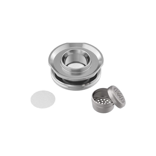 Dosierkapseladapter von dem Hersteller Storz und Bickel, dreiteiliges Produkt in der Farbe silber und auf einem weißen Hintergrund.