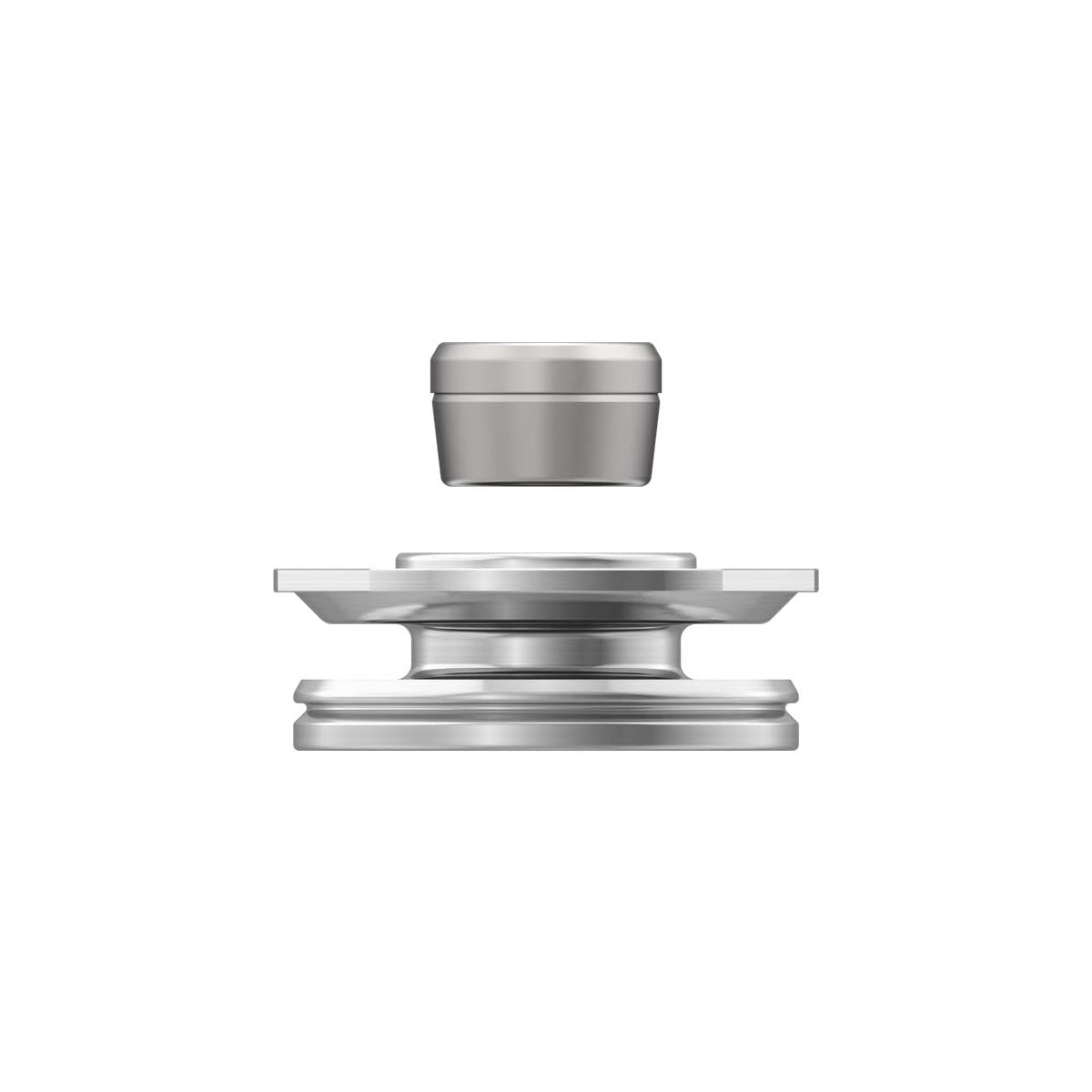 Dosierkapseladapter von dem Hersteller Storz und Bickel, dreiteiliges Produkt in der Farbe silber und auf einem weißen Hintergrund.