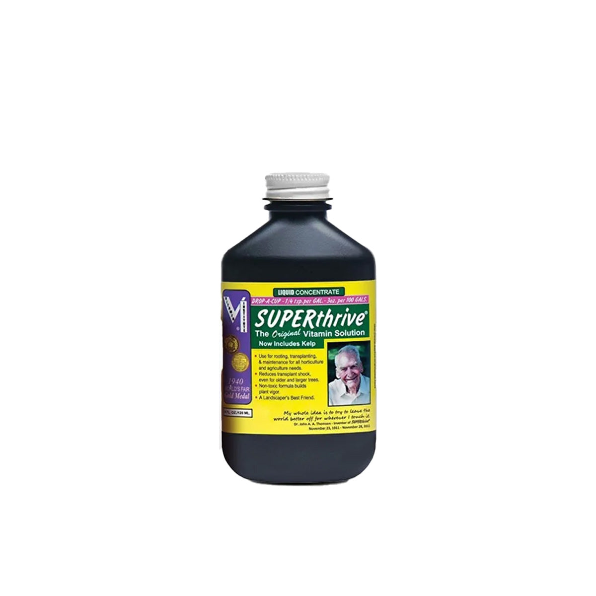 Pflanzenhilfsmittel von der Marke SUPERthrive in einer schwarzen Glasflasche mit Metalldeckel und einem gelben Etikett vor einem weißen Hintergrund.